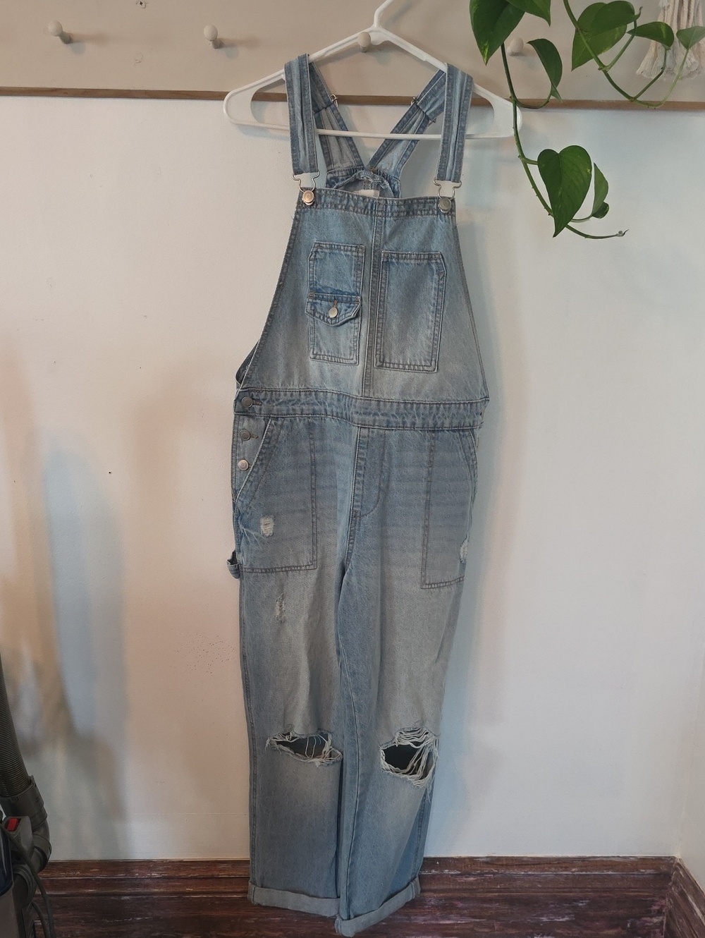 Celebrity Pink Light Blue Distressed Denim Overalls